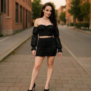 Up All Night Black Ruched Satin Off Shoulder Crop Top & Mini Skirt Set Sz S
